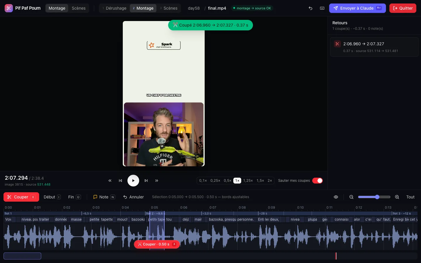 L’éditeur Pif Paf Cut : la vidéo au centre, les retours à droite, et en bas la timeline avec les mots du transcript, la forme d’onde et une coupe de 0,37 s.